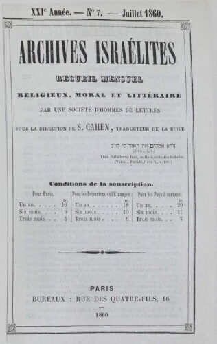 Archives israélites de France. Vol.21 N°07 (juillet 1860)